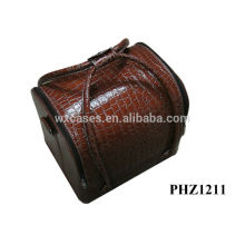 hot sell leather cosmetic bag with brown crocodile pattern&4 removable trays inside